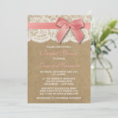 Invitation Ruban Rose Sur Kraft & Fête des mariées Dentelle (Debout devant)