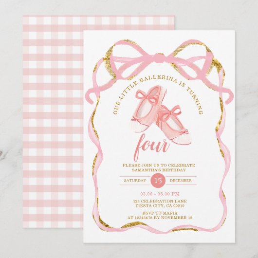 Invitation Ruban rose Tutu Ballerina (Devant / Derrière)