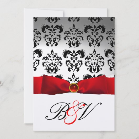 INVITATION RUBAN ROUGE ARGENT NOIR DAMAS MONOGRAMME (Devant)