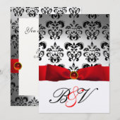 INVITATION RUBAN ROUGE ARGENT NOIR DAMAS MONOGRAMME (Devant / Derrière)