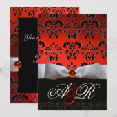 Invitation RUBAN ROUGE BLANC & MONOGRAMME EN DAMAS NOIR Rubis (Devant / Derrière)
