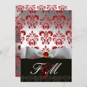 Invitation RUBAN ROUGE BLANC & MONOGRAMME EN DAMAS NOIR Rubis (Devant / Derrière)