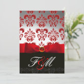 Invitation RUBAN ROUGE BLANC & MONOGRAMME EN DAMAS NOIR Ruby (Debout devant)