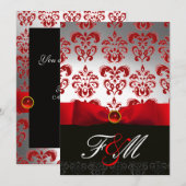 Invitation RUBAN ROUGE BLANC & MONOGRAMME EN DAMAS NOIR Ruby (Devant / Derrière)