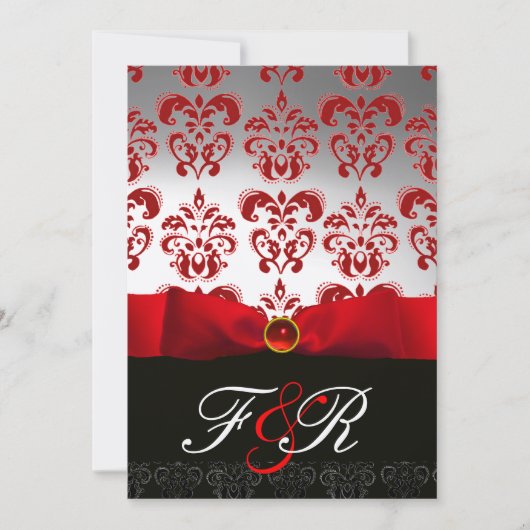 Invitation RUBAN ROUGE BLANC & MONOGRAMME EN DAMAS NOIR Ruby (Devant)