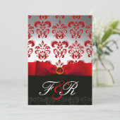 Invitation RUBAN ROUGE BLANC & MONOGRAMME EN DAMAS NOIR Ruby (Debout devant)