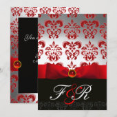 Invitation RUBAN ROUGE BLANC & MONOGRAMME EN DAMAS NOIR Ruby (Devant / Derrière)