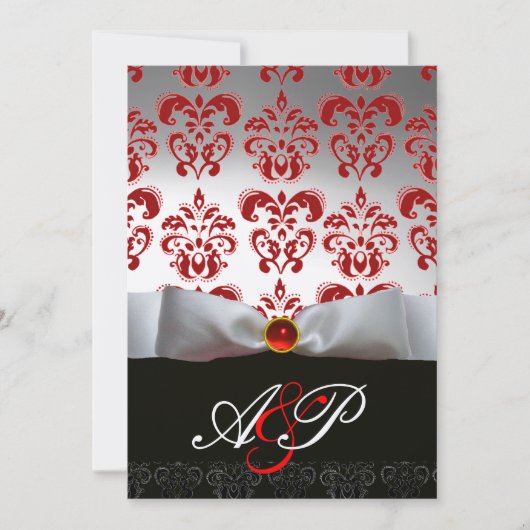 Invitation RUBAN ROUGE BLANC & MONOGRAMME EN DAMAS NOIR Ruby (Devant)