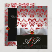 Invitation RUBAN ROUGE BLANC & MONOGRAMME EN DAMAS NOIR Ruby (Devant / Derrière)