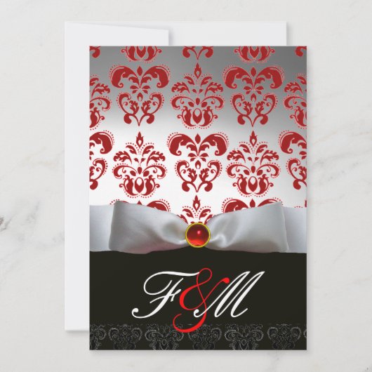 Invitation RUBAN ROUGE BLANC & MONOGRAMME EN DAMAS NOIR Ruby (Devant)