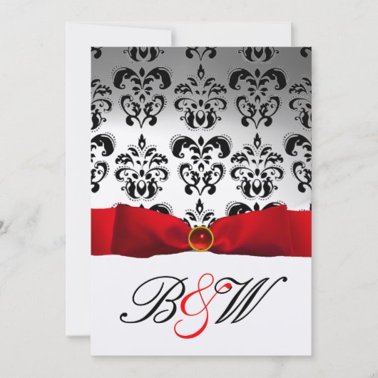INVITATION RUBAN ROUGE BLANC NOIR DAMASQUE MONOGRAMME (Devant)