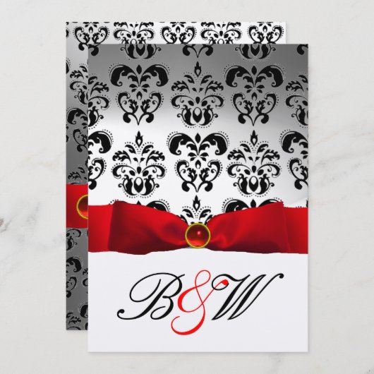 INVITATION RUBAN ROUGE BLANC NOIR DAMASQUE MONOGRAMME (Devant / Derrière)