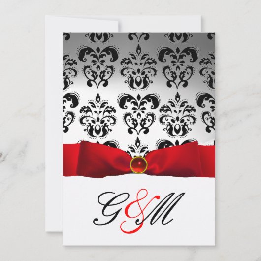 INVITATION RUBAN ROUGE BLANC NOIR DAMASSÉ MONOGRAMME (Devant)