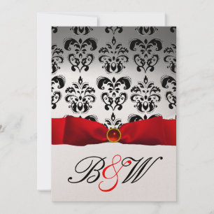 INVITATION RUBAN ROUGE BLANC NOIR DAMASSÉ MONOGRAMME