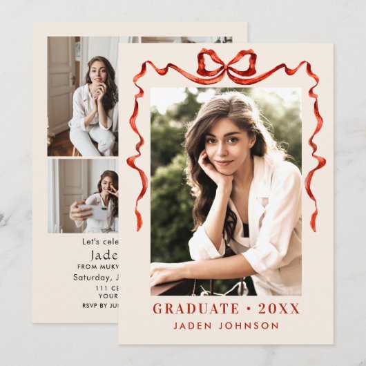 Invitation Ruban rouge branché 5 PHOTO de la fête de graduati (Devant / Derrière)