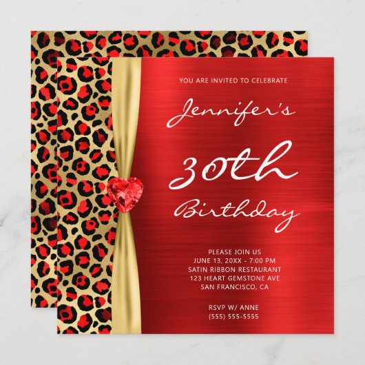 Invitation Ruban rouge léopard Gem Gem 30e anniversaire (Devant / Derrière)