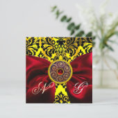 INVITATION RUBAN ROUGE OR JAUNE  NOIR  DAMAS MONOGRAMME (Debout devant)