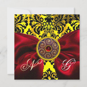INVITATION RUBAN ROUGE OR JAUNE  NOIR  DAMAS MONOGRAMME