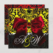 INVITATION RUBAN ROUGE OR JAUNE NOIR DAMAS MONOGRAMME (Devant / Derrière)