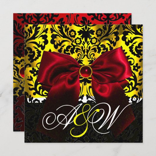 INVITATION RUBAN ROUGE OR JAUNE NOIR DAMAS MONOGRAMME (Devant / Derrière)