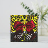 INVITATION RUBAN ROUGE OR JAUNE NOIR DAMAS MONOGRAMME (Debout devant)