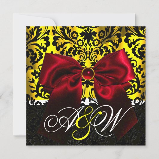 INVITATION RUBAN ROUGE OR JAUNE NOIR DAMAS MONOGRAMME (Devant)