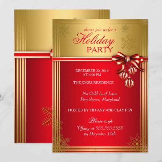 Invitation Ruban Rouge Or Noël Fêtes (Devant / Derrière)