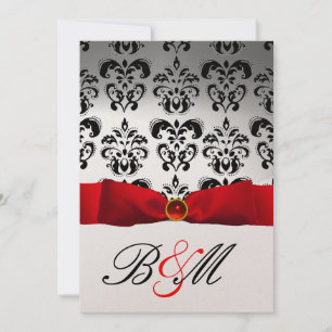 INVITATION RUBAN ROUGE OR NOIR DAMAS MONOGRAMME
