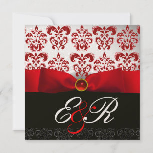 INVITATION RUBAN ROUGE RUBIS BLANC NOIR  DAMAS MONOGRAMME