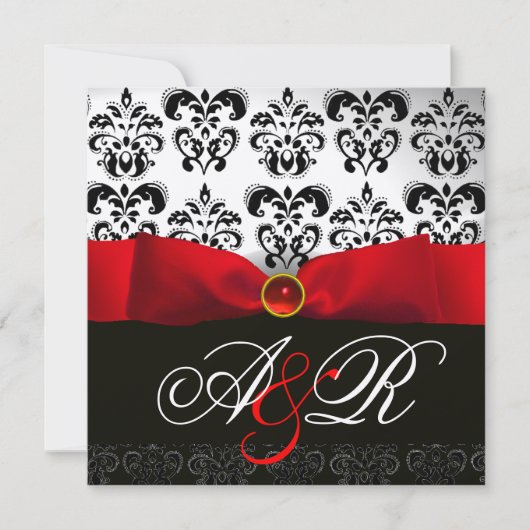 INVITATION RUBAN ROUGE RUBIS BLANC NOIR DAMAS MONOGRAMME (Devant)