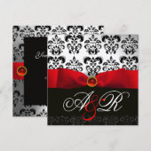 INVITATION RUBAN ROUGE RUBIS BLANC NOIR DAMAS MONOGRAMME (Devant / Derrière)
