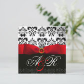 INVITATION RUBAN ROUGE RUBIS BLANC NOIR DAMAS MONOGRAMME (Debout devant)