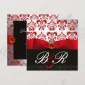 INVITATION RUBAN ROUGE RUBIS BLANC NOIR DAMAS MONOGRAMME (Devant / Derrière)