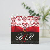 INVITATION RUBAN ROUGE RUBIS BLANC NOIR DAMAS MONOGRAMME (Debout devant)
