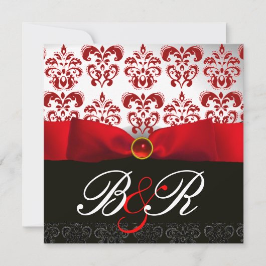 INVITATION RUBAN ROUGE RUBIS BLANC NOIR DAMAS MONOGRAMME (Devant)