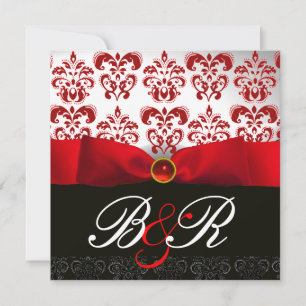 INVITATION RUBAN ROUGE RUBIS BLANC NOIR  DAMAS MONOGRAMME