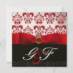 INVITATION RUBAN ROUGE RUBIS OR NOIR DAMAS MONOGRAMME