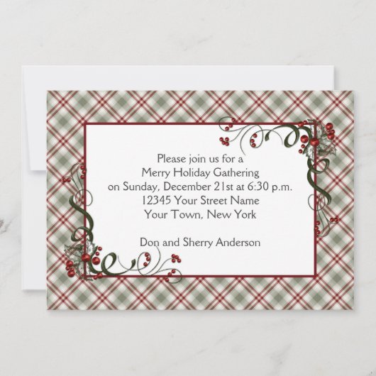 Invitation Ruban rouge vert Plaid Holly Berries (Devant)