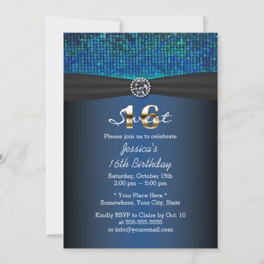 Invitation Ruban Royal Blue Black de luxe Sweet 16 (Devant)