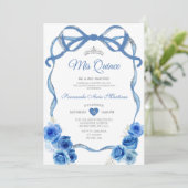 Invitation Ruban Royal Blue Floral Bow Silver Mis Quince (Debout devant)