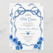 Invitation Ruban Royal Blue Floral Bow Silver Mis Quince (Devant / Derrière)