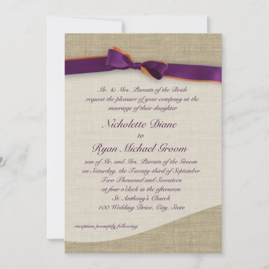 Invitation Ruban rustique et Mariage orange et violet Burlap (Devant)