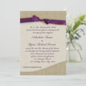 Invitation Ruban rustique et Mariage orange et violet Burlap (Debout devant)