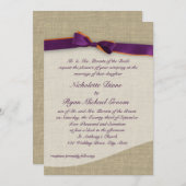 Invitation Ruban rustique et Mariage orange et violet Burlap (Devant / Derrière)
