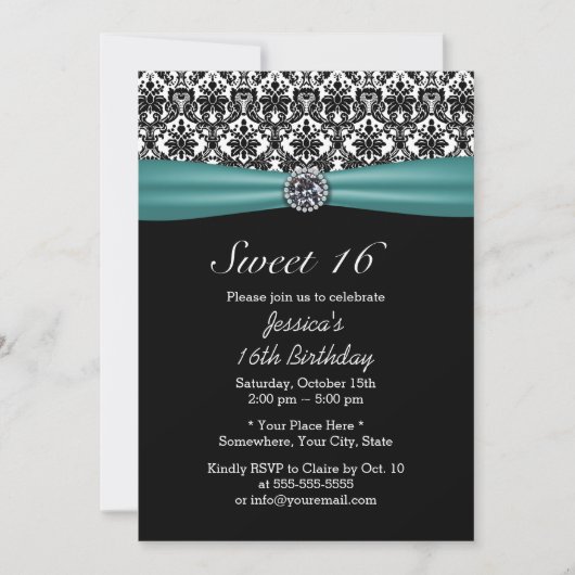 Invitation Ruban turquoise et Damas Chic Diamond Sweet 16 (Devant)