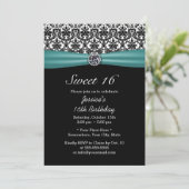 Invitation Ruban turquoise et Damas Chic Diamond Sweet 16 (Debout devant)
