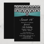 Invitation Ruban turquoise et Damas Chic Diamond Sweet 16 (Devant / Derrière)