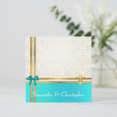 Invitation Ruban Turquoise et or avec damas blanc (Debout devant)
