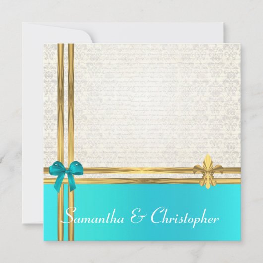 Invitation Ruban Turquoise et or avec damas blanc (Devant)