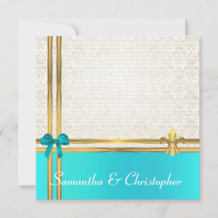 Invitation Ruban Turquoise et or avec damas blanc